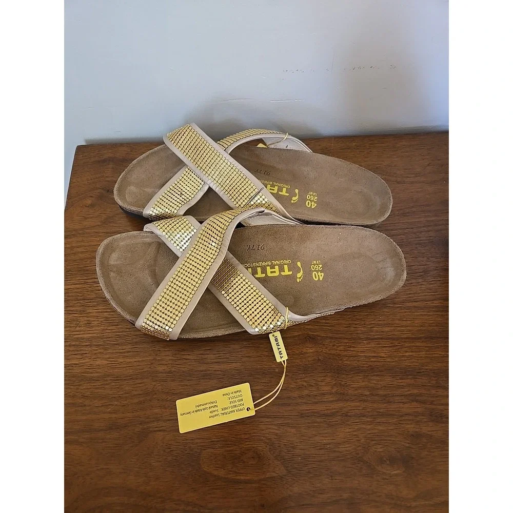 Tatami Birkenstock Sandals Womens 40 Narrow Gold Leather Slide Shoes 9